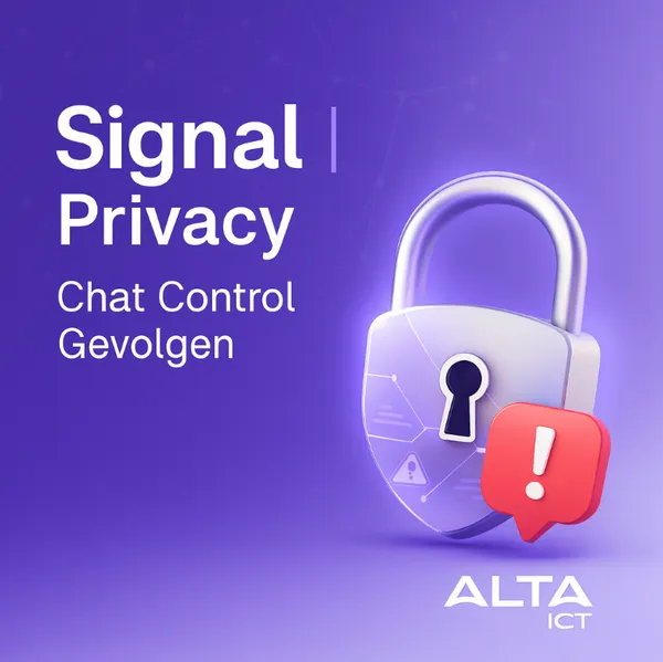 Signal – Wat Chat Control betekent voor Privacy Paarsblauwe afbeelding met groot hangslot, waarschuwingsteken, tekst “Signal Privacy” en ALTA-ICT logo.