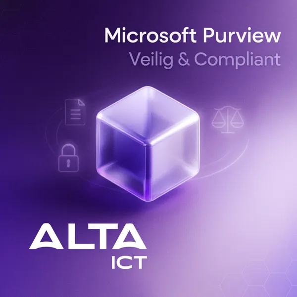 Microsoft Purview – Grip op Data en Compliance Paarse afbeelding met 3D-datakubus, Microsoft Purview-tekst, ALTA-ICT-logo en metadata-iconen.