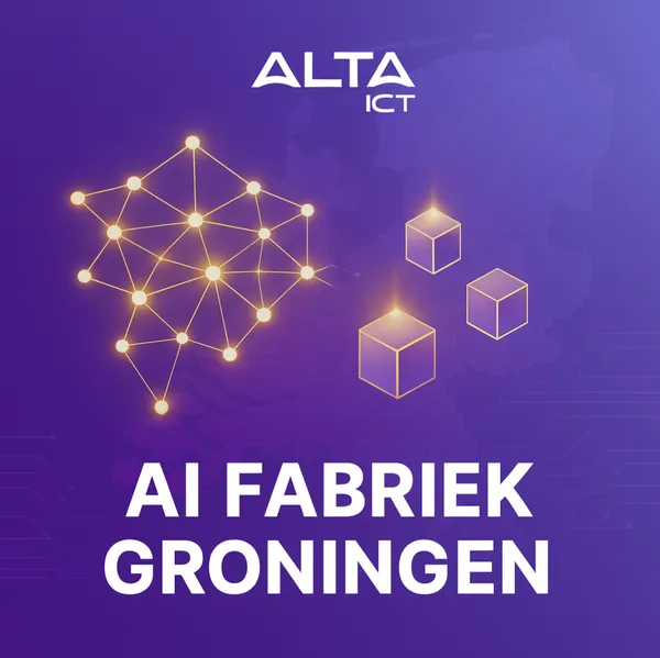 AI-Fabriek Groningen – Wat Betekent Het Voor Jouw Bedrijf? Wit ALTA-ICT logo boven paarse kaart van Nederland, met gouden neuraal netwerk en zwevende datablokken.