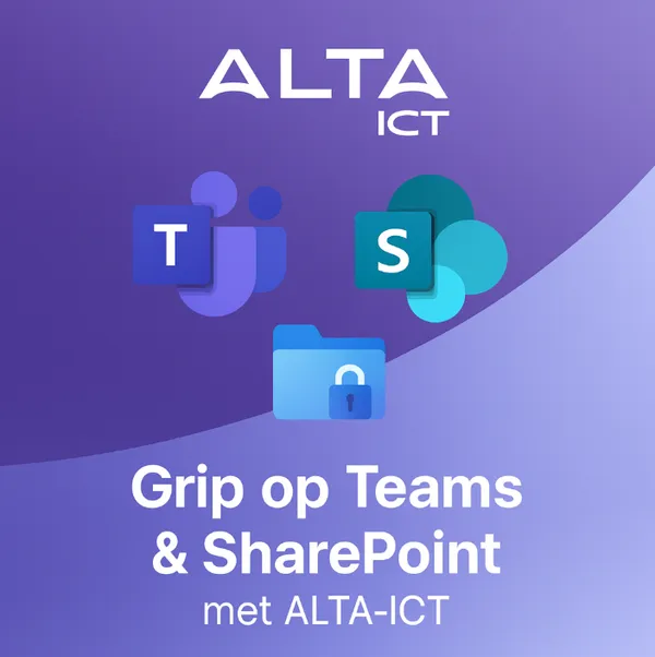 Teams & SharePoint: handig… tot het uit de hand loopt ALTA-ICT logo bovenaan, daaronder Teams- en SharePoint-logo’s met map en slot op paarse achtergrond.