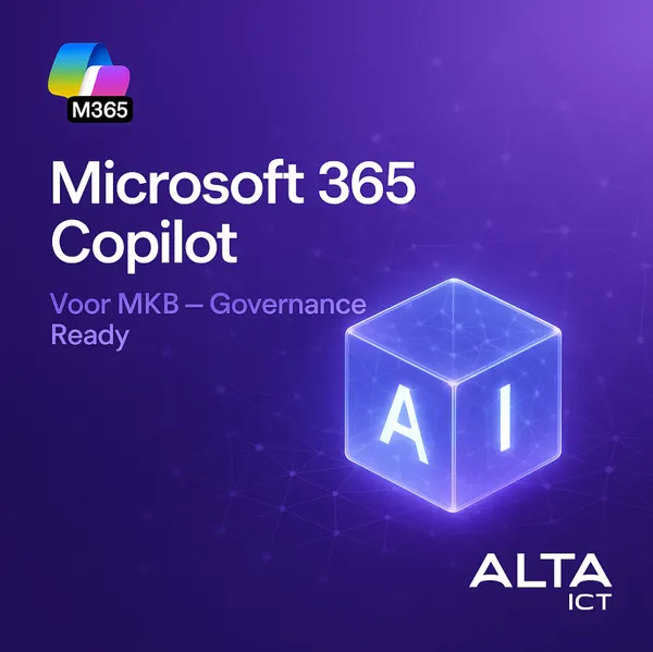 Microsoft 365 Copilot Business – AI met Governance Grip Paarse afbeelding met AI-kubus, Microsoft 365 Copilot tekst en ALTA-ICT en M365 logo’s