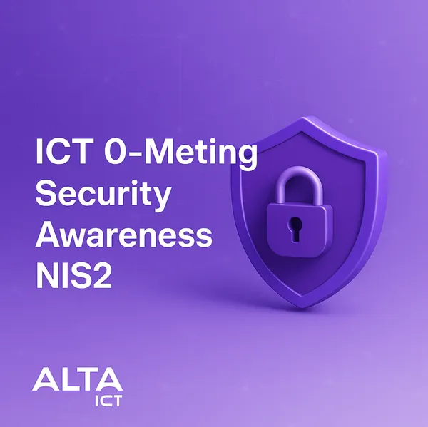 ICT 0-Meting – Klaar voor NIS2 & Security Awareness Paarse afbeelding met wit ALTA-ICT logo, tekst “ICT 0-Meting Security Awareness NIS2” en een digitaal schild.