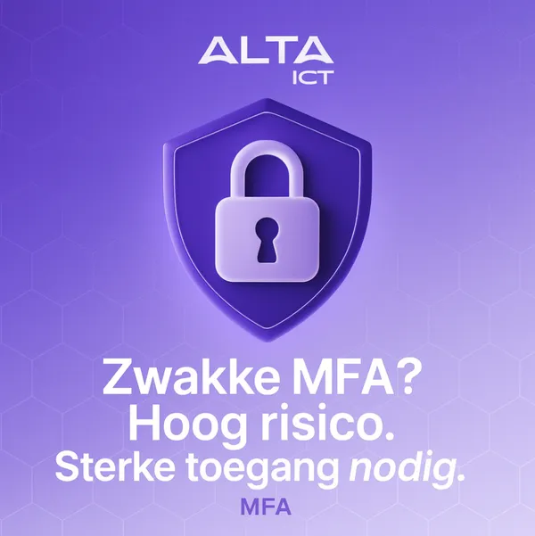 Waarom SMS en Voice MFA jouw organisatie kwetsbaar maken Wit ALTA-ICT logo op paarse achtergrond met 3D schild en slot, tekst over MFA-beveiliging onderaan