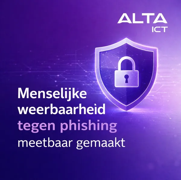 Phishing Nulmeting – Inzicht in Digitale Weerbaarheid Paarse achtergrond met digitaal schild, hangslot, ALTA-ICT logo en tekst menselijke weerbaarheid tegen phishing