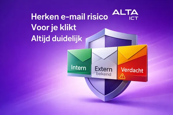 E-maildreiging herkennen. Zo voorkom je phishing en fraude op tijd Illustratie met paars verloop, schild en drie e-mails intern groen, extern bekend grijs, verdacht rood, met ALTA-ICT logo.