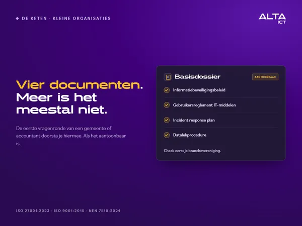 De vier documenten waarmee een kleine organisatie elke ketenvraag doorstaat Hero bij informatiebeveiliging voor kleine organisaties: een basisdossier met de vier documenten voor de eerste ketenvraag