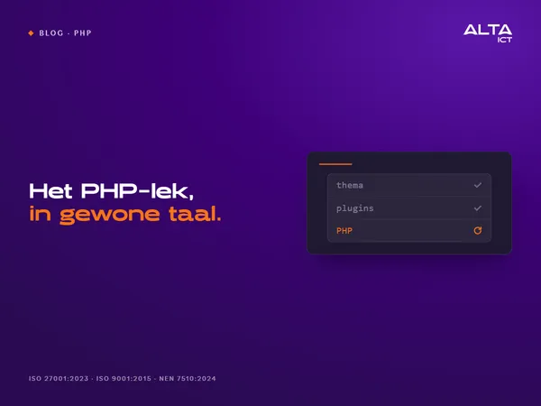 Het PHP-lek van 21 oktober in gewone taal: wat er gebeurde en wat je nu doet Afbeelding met een kaart met drie regels: thema en plugins afgevinkt, PHP uitgelicht met een vernieuwingsicoon. Tekst: Het PHP-lek, in gewone taal.